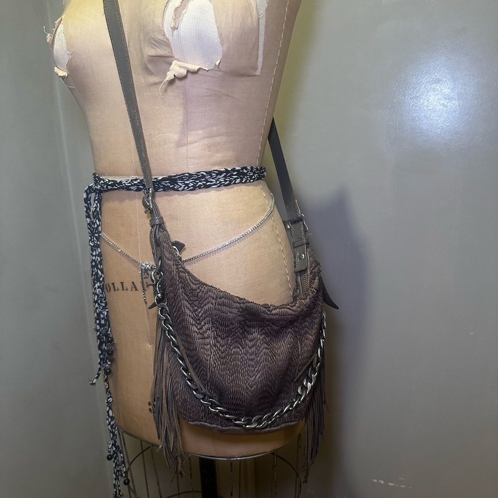 Fringed Grey Leather Bag